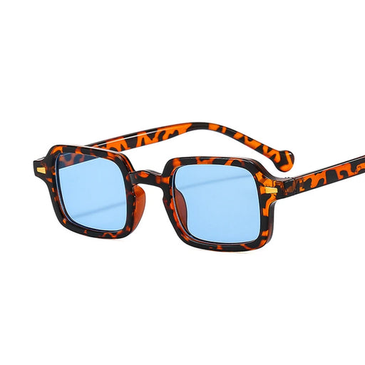 Rectangular Leopard & Blue Lenses Sunglasses displayed on a white background.