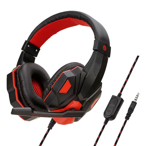 A black and red gaming headset with a non-detachable microphone, shown with a 3.5mm jack and an in-line volume control on the cable. The headset features red mesh padding on the ear cups and headband. Display on white background.