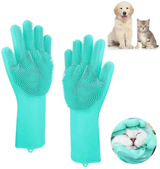 A pair of turquoise silicone cleaning gloves with rubber bristles on the palms and fingers. In the top right corner, there is an image of a dog and a cat, and in the bottom right corner, there is a close-up of a cat enjoying a grooming session with the gloves.