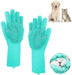 A pair of turquoise silicone cleaning gloves with rubber bristles on the palms and fingers. In the top right corner, there is an image of a dog and a cat, and in the bottom right corner, there is a close-up of a cat enjoying a grooming session with the gloves.