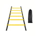 Yellow and black Agility Ladder with black bag display on white background.