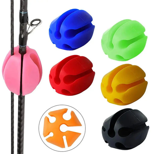 A collection of colorful silicone rod holders in various colors (blue, green, red, yellow, black, and pink), with one image showing a pink holder in use on a fishing rod.