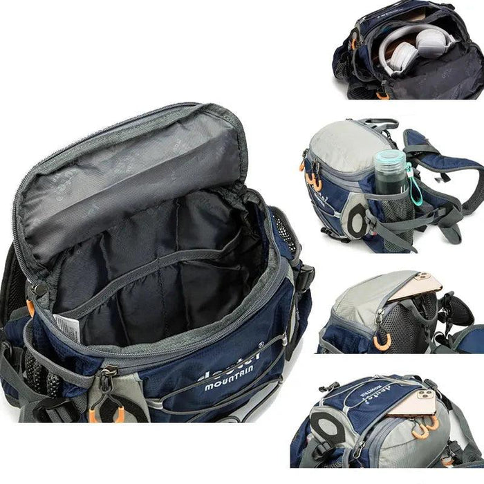 The interior of the pack is displayed, showing ample space for storing essentials. Other views highlight the accessibility of pockets, bottle holders, and other organizational features that make the pack convenient for carrying gear.