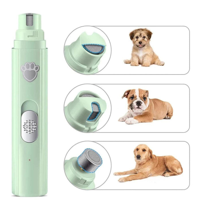  a mint green pet nail grinder with three different grinding ports, each shown alongside pictures of different dog breeds: a small fluffy puppy, a medium-sized bulldog puppy, and a larger golden retriever.