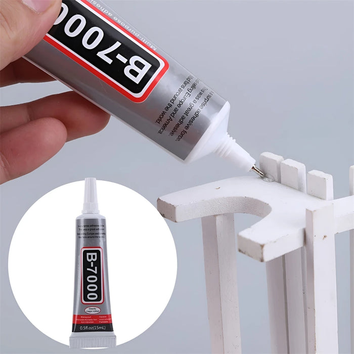 A hand squeezing B-7000 adhesive onto a small piece of white furniture with a close-up inset of the product.