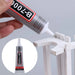 A hand squeezing B-7000 adhesive onto a small piece of white furniture with a close-up inset of the product.