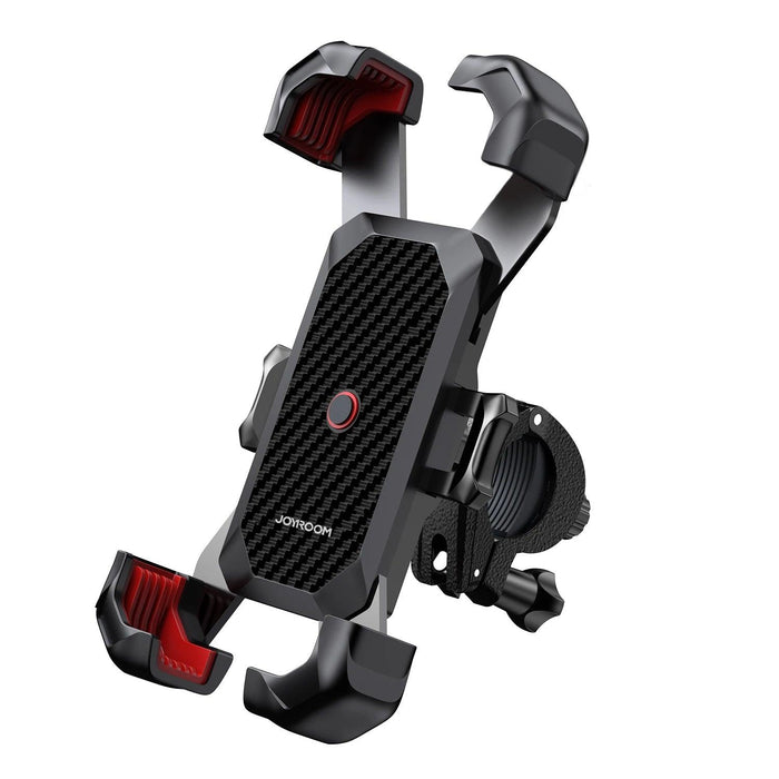 Close-up view of a black and red phone holder designed for bicycles, featuring a strong clamp and protective rubber grips. The phone mount is shown isolated on a white background to detail its design and build quality.