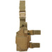 A khaki tactical thigh holster with buckles and adjustable straps, displayed upright.