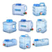 Eight transparent water storage containers with spigots, designed for easy liquid dispensing.