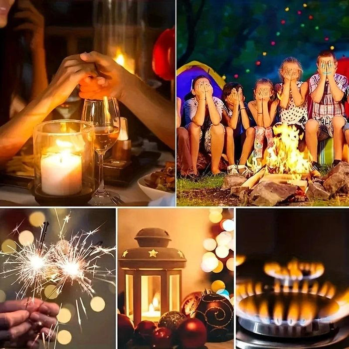 A collage depicting a plasma lighter used in various settings, including a family campfire, a romantic dinner, lighting sparklers, and a cozy holiday scene.