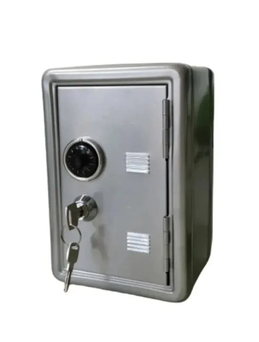 A gray metal safe with a combination dial and a key lock on the front. The door is closed, and a key is inserted in the lock.