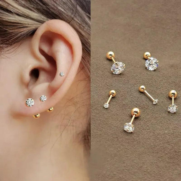 Stainless Steel Zircon Stud Earrings, Dazzling Sparkle, Unisex, Hypoallergenic, Durable, Screw-Back, Multiple Sizes & Colors