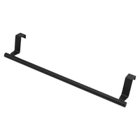  a single black over-the-door towel rack against a plain background. The rack is designed to fit over standard cabinet doors, providing a functional and minimalist solution for hanging towels without the need for screws or adhesives.