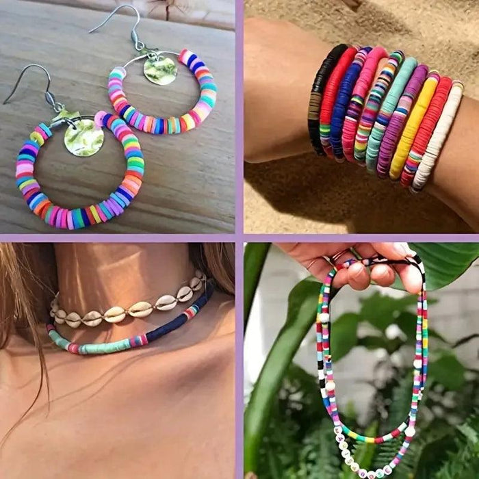 Close-up shots of handmade jewelry items like hoop earrings, shell bracelets, and layered necklaces made with colorful beads. The image highlights the variety of styles and bead combinations possible.