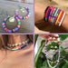 Close-up shots of handmade jewelry items like hoop earrings, shell bracelets, and layered necklaces made with colorful beads. The image highlights the variety of styles and bead combinations possible.