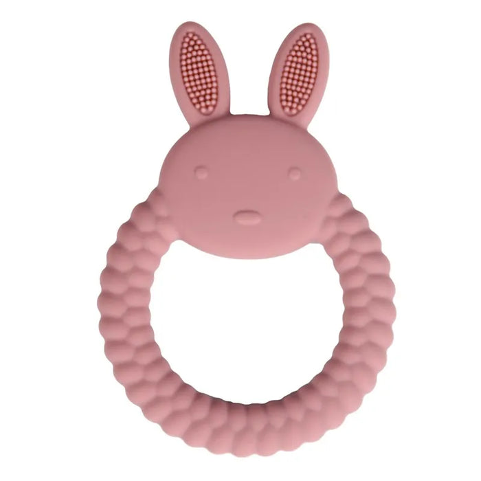 A pink silicone teether shaped like a bunny with textured ears and a round handle.