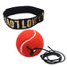 A red tennis boxing reflex ball attached to a black headband, showcasing its design and setup.