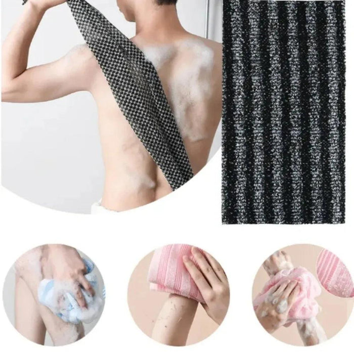 A person using a black exfoliating towel to clean their back, with three small images of different colored towels below.