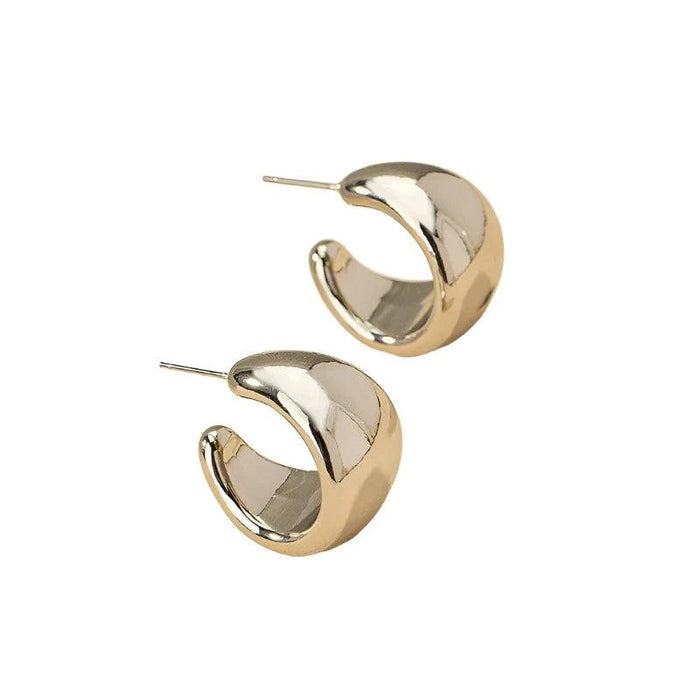 a pair of chunky, silver hoop earrings with a smooth and polished finish. These earrings have a rounded and substantial design, set against a white background.