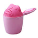 A straightforward view of a pink baby rinse cup with a bear-shaped strainer lid.