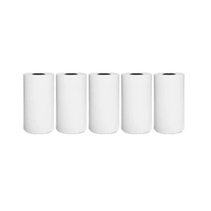 Five white paper rolls standing in a row, used for printing. Display on white background.