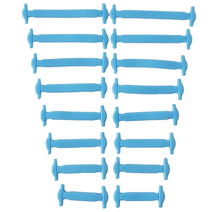 Sixteen silicone shoelaces in different sizes and light blue color, neatly organized in pairs on a white background.