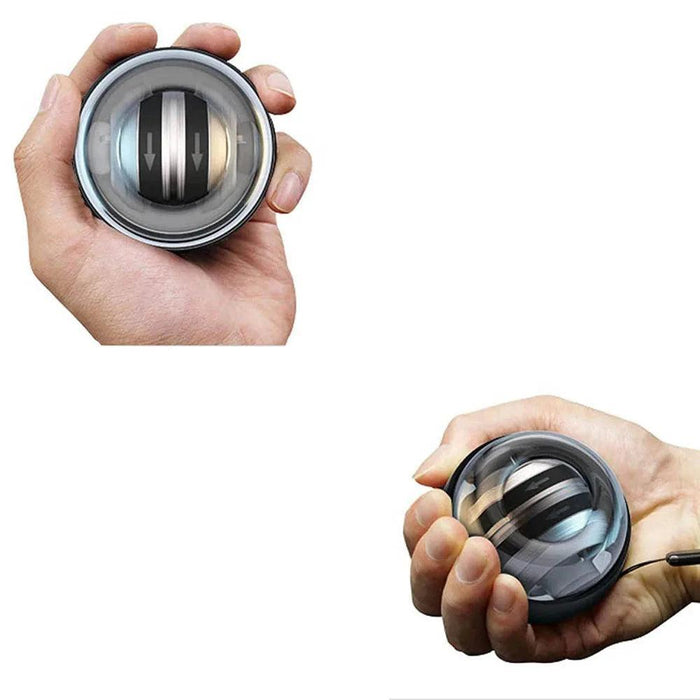 Two hands holding and using a gyro ball from different angles.