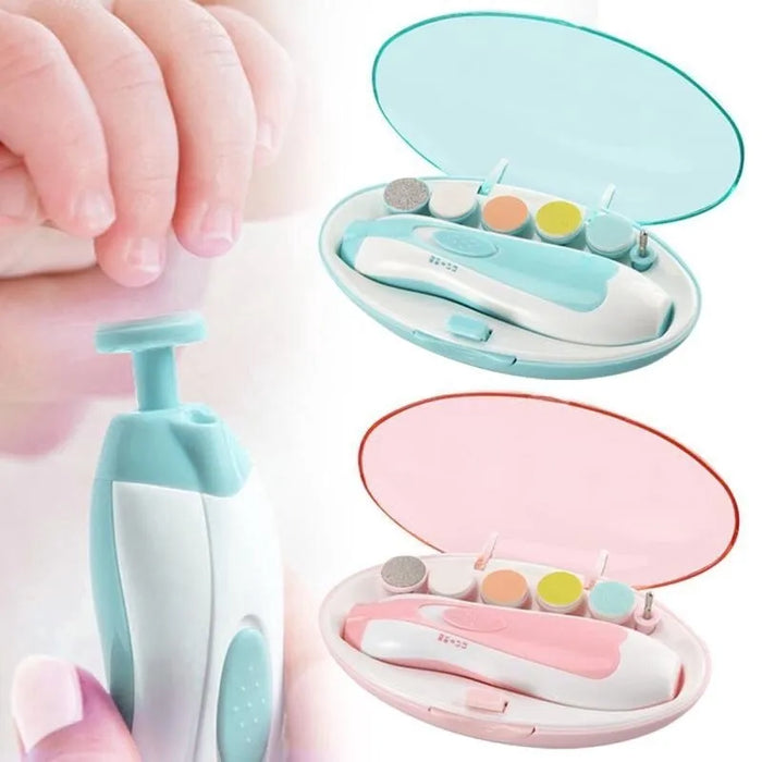 Pink and blue baby nail trimmer sets, each in an open case with five file heads, alongside a close-up of the trimmer being used on an infant's nail.