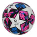 White soccer ball with pink and blue star pattern.