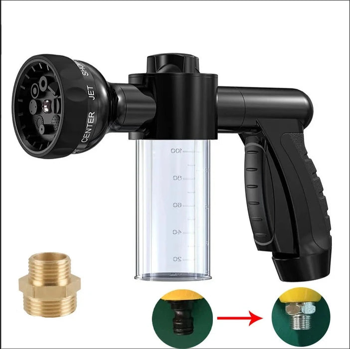 A black hose nozzle with a clear soap dispenser attached, along with a shower adapter fitting shown separately.