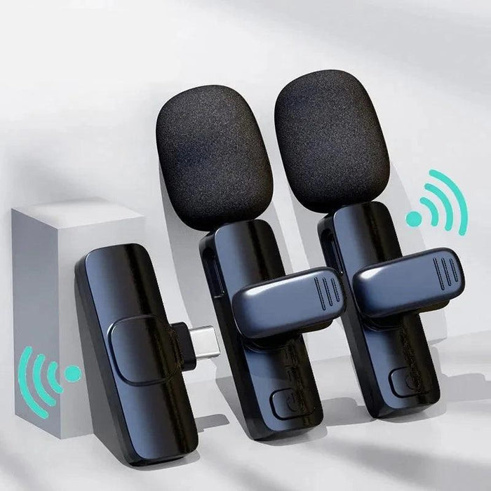 Three wireless clip-on microphones and a receiver, indicating wireless connectivity.