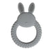 A gray silicone teether shaped like a bunny with textured ears and a round handle.