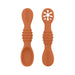 A close-up of two brown baby spoons, one with a regular spoon shape and the other with a cut-out flower design, against a white background.