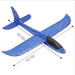 a blue foam glider with orange speckles. The dimensions are marked as 18.9 inches for the length and 19.7 inches for the wingspan. The glider has a black nose for durability and aerodynamics.