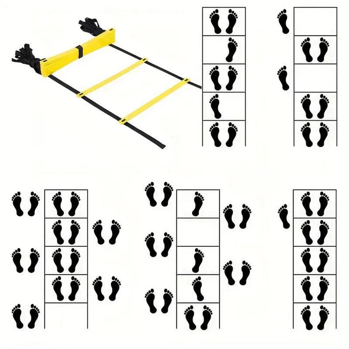 A yellow agility training ladder with black rungs, accompanied by multiple diagrams showing various foot placement patterns for different agility exercises.