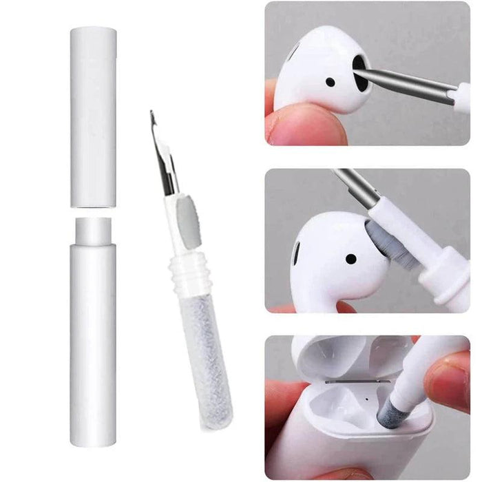 An earphones cleaning tool with a detachable cap. The tool has a metal pick for scraping debris, a small brush for cleaning, and a sponge-like tool for deeper cleaning. The tool is demonstrated cleaning various parts of the earphones.