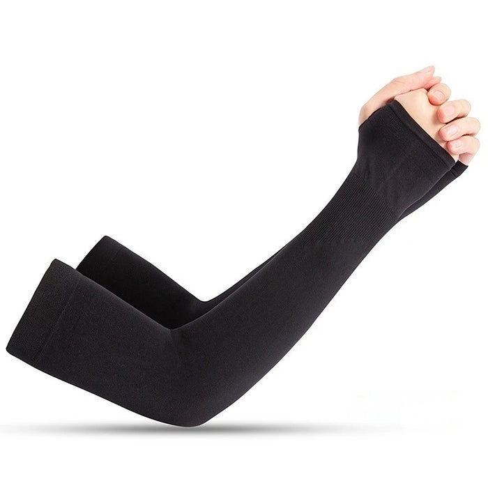 Black arm sleeves designed for UV protection and enhancing athletic performance, showcased against a white background to highlight their sleek design.