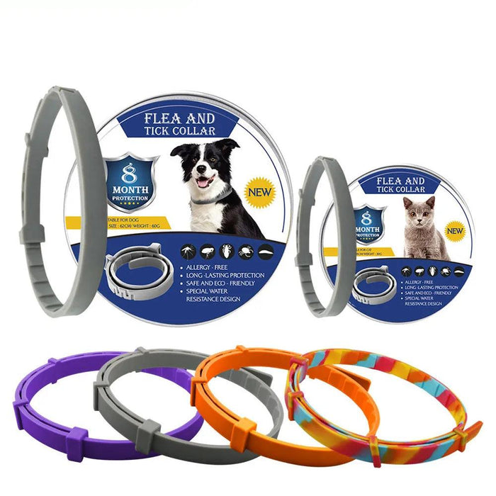 Different colored flea and tick collars with packaging for cats and dogs.