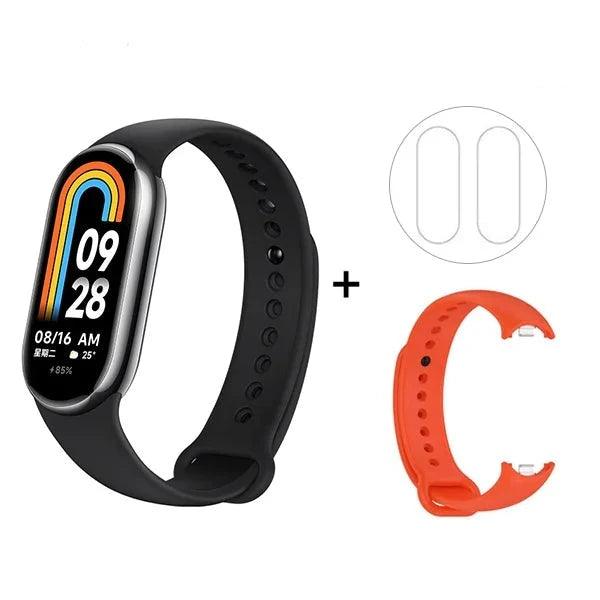 Smartwatch with black band and orange replacement band.