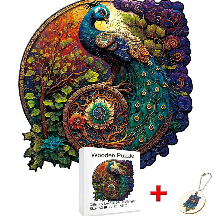 An artistic wooden puzzle of a majestic peacock with vibrant, intricate patterns, shown with an A4 size box and a keychain.