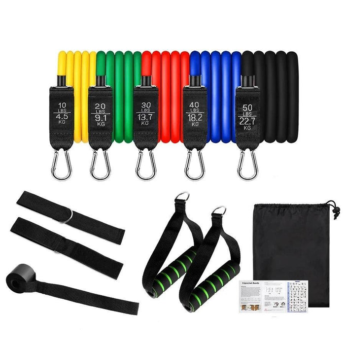 A set of resistance bands in multiple colors with various weight levels displayed with handles and attachments.