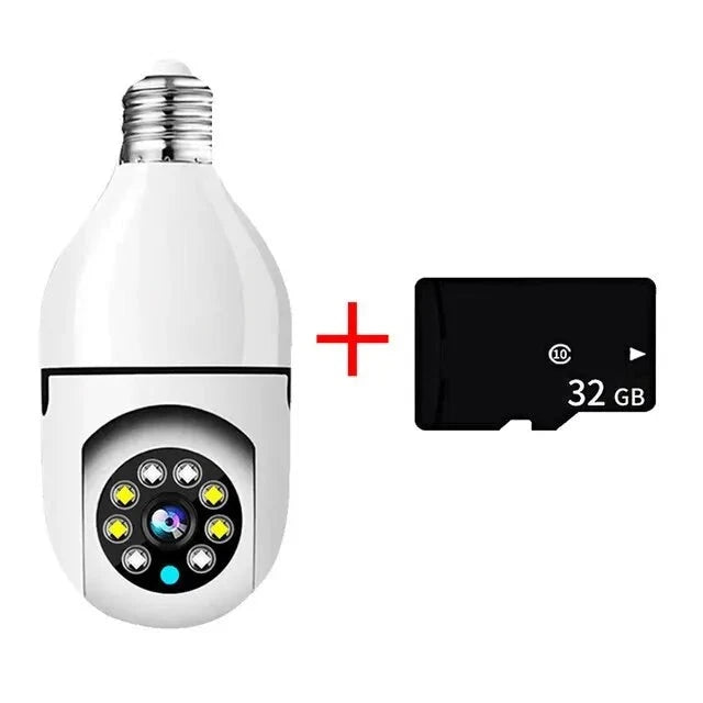 White security camera and 32GB black memory card. Display on white background.