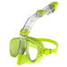 A light green snorkeling mask with an attached snorkel, similar in design to the first one, is featured. The snorkel is clear with black accents and has a valve at the top to keep water out.