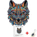 An intricate wooden puzzle of a wolf's head with colorful, detailed patterns, presented with an A4 size box and a keychain.