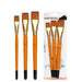 Three orange-handled flat paintbrushes with orange bristles alongside a packaging of three similar brushes.