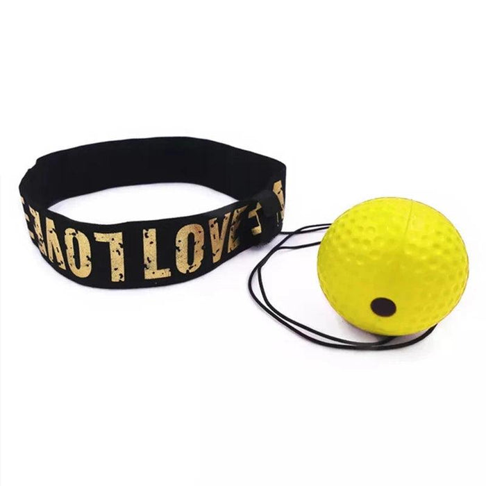 A yellow boxing reflex ball attached to a black headband, showcasing its design and setup.