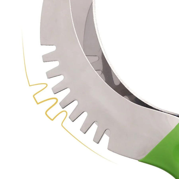 A close-up view of the curved, serrated blade of a watermelon slicer with a green handle. The blade has evenly spaced teeth designed to cut through watermelon flesh easily.