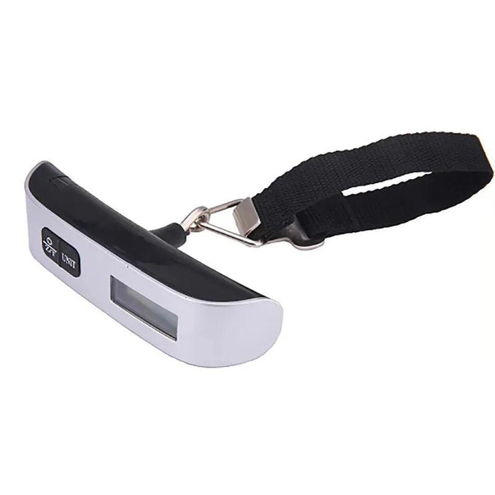 Detailed view of a portable digital luggage scale with a black fabric strap and silver metal clasp, showcasing a user-friendly design.