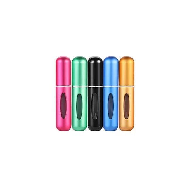 Five portable perfume spray bottles in pink, green, black, blue, and gold, arranged in a row.