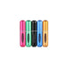 Five portable perfume spray bottles in pink, green, black, blue, and gold, arranged in a row.